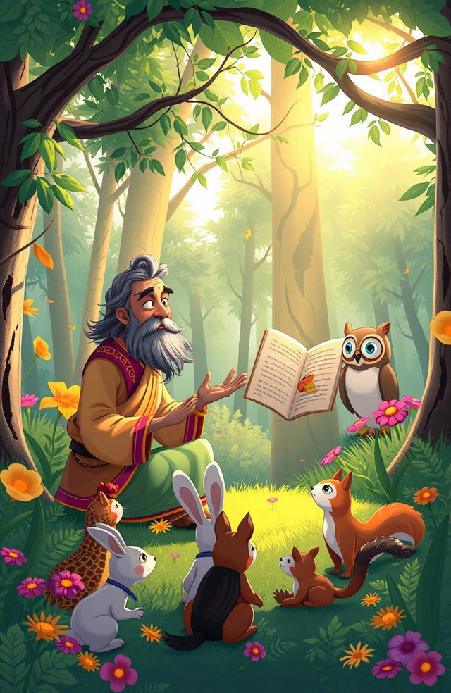 A whimsical illustration of a storyteller, Madhav, enthralled in a charming forest glade, narrating the captivating tale of Vidhu to a group of enchanted animals