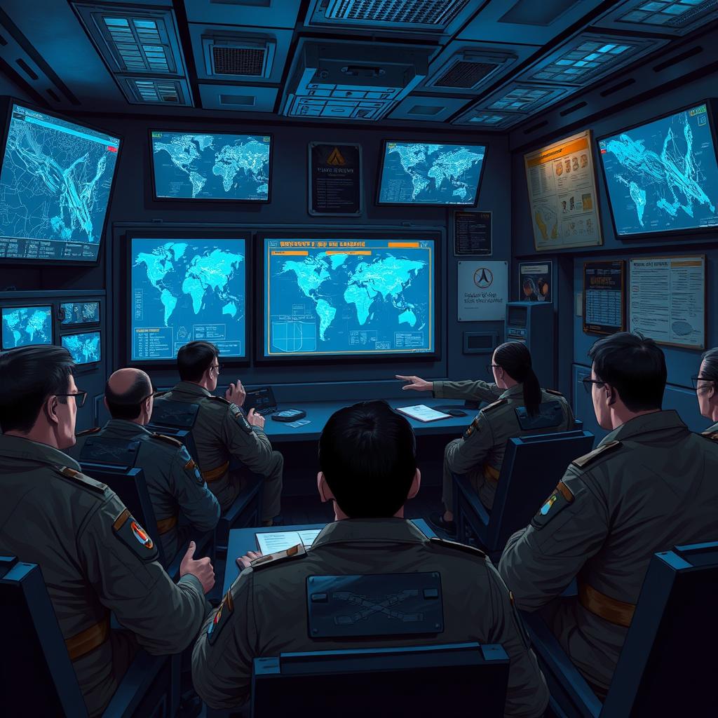 A highly detailed illustration depicting a military strategy session taking place in a modern war room