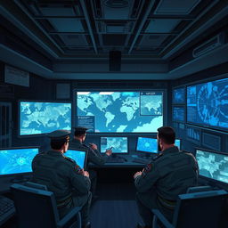 A highly detailed illustration depicting a military strategy session taking place in a modern war room