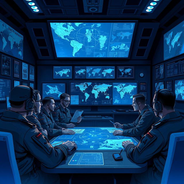 A highly detailed illustration depicting a military strategy session taking place in a modern war room