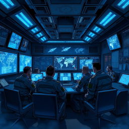 A highly detailed illustration depicting a military strategy session taking place in a modern war room