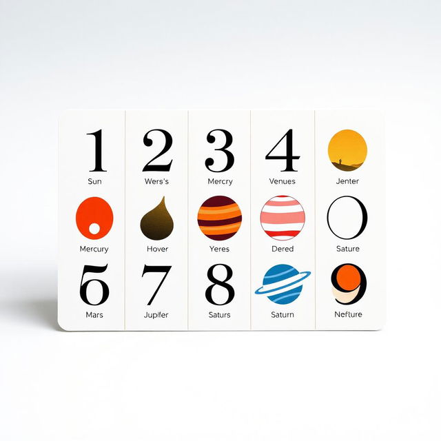 A sophisticated numerology card displaying the numbers 1 through 9, each paired with their associated planet in a visually appealing layout