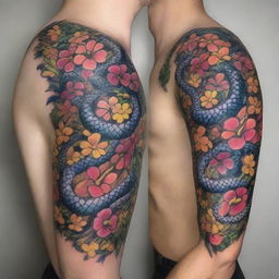 A high-quality digital art of an intricate tattoo design featuring a snake entwined with an array of vibrant flowers