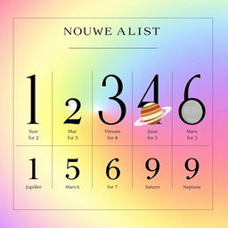 A sophisticated numerology card displaying the numbers 1 through 9, each paired with their associated planet in a visually appealing layout