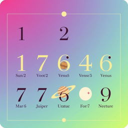 A sophisticated numerology card displaying the numbers 1 through 9, each paired with their associated planet in a visually appealing layout