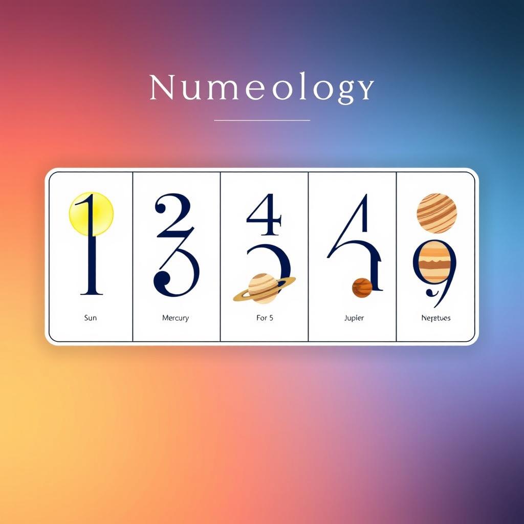 A sophisticated numerology card displaying the numbers 1 through 9, each paired with their associated planet in a visually appealing layout