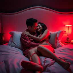 An intimate and cozy scene set in a dimly lit bedroom at night, illuminated by a warm red light