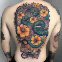 A high-quality digital art of an intricate tattoo design featuring a snake entwined with an array of vibrant flowers