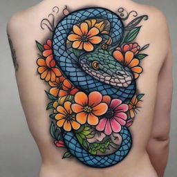 A high-quality digital art of an intricate tattoo design featuring a snake entwined with an array of vibrant flowers