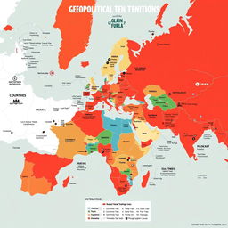 A visually striking geopolitical map highlighting key global tensions and alliances