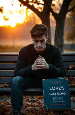 A poignant scene depicting a heartbroken young man sitting alone on a park bench under a tree, surrounded by autumn leaves
