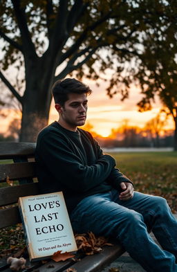 A poignant scene depicting a heartbroken young man sitting alone on a park bench under a tree, surrounded by autumn leaves