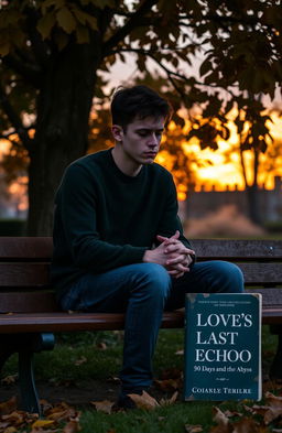 A poignant scene depicting a heartbroken young man sitting alone on a park bench under a tree, surrounded by autumn leaves