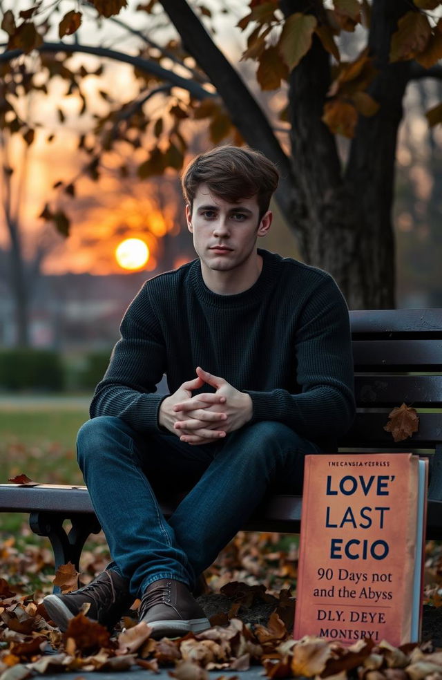 A poignant scene depicting a heartbroken young man sitting alone on a park bench under a tree, surrounded by autumn leaves