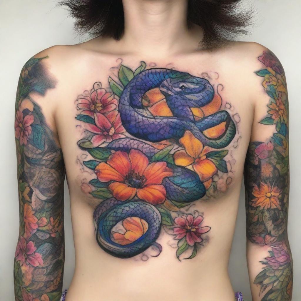 A high-quality digital art of an intricate tattoo design featuring a snake entwined with an array of vibrant flowers