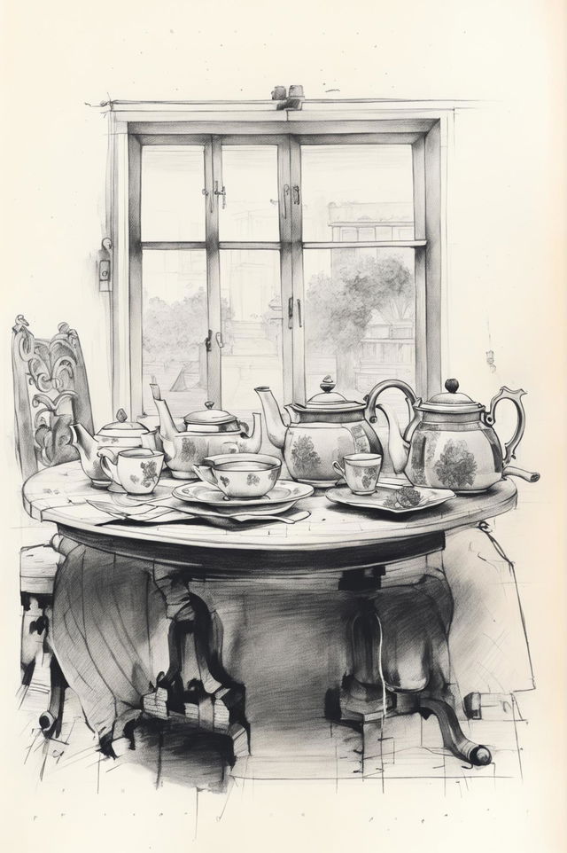 A detailed, hand-drawn sketch of an afternoon tea scene, inspired by Leonardo da Vinci's artistic style