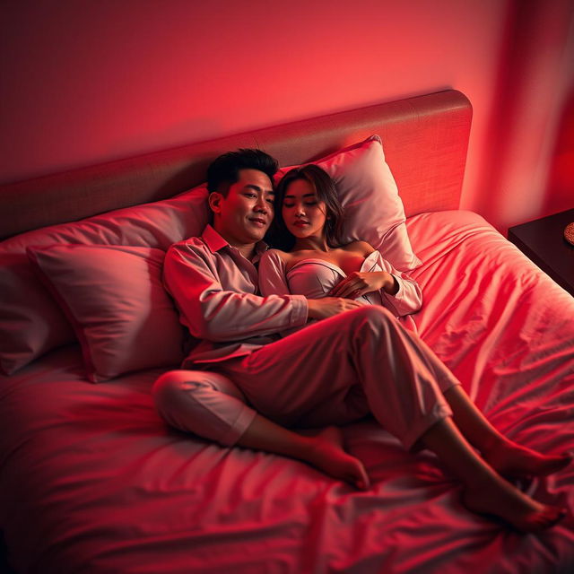 A cozy and intimate scene in a softly lit bedroom at night, illuminated by a warm red light