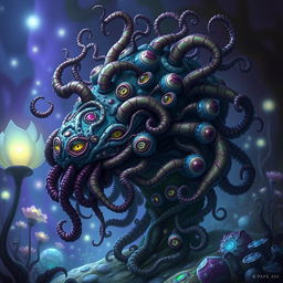 A fantastical creature with a complex structure, featuring numerous intertwining tendrils and an array of eyes all over its body