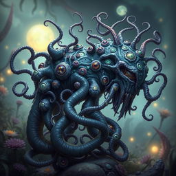 A fantastical creature with a complex structure, featuring numerous intertwining tendrils and an array of eyes all over its body