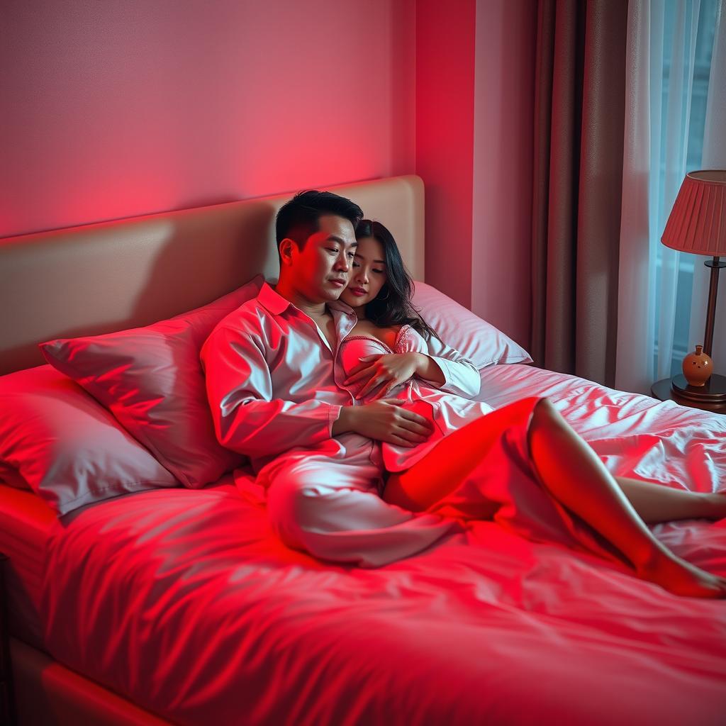 A romantic and cozy scene set in a softly lit bedroom at night, bathed in warm red light