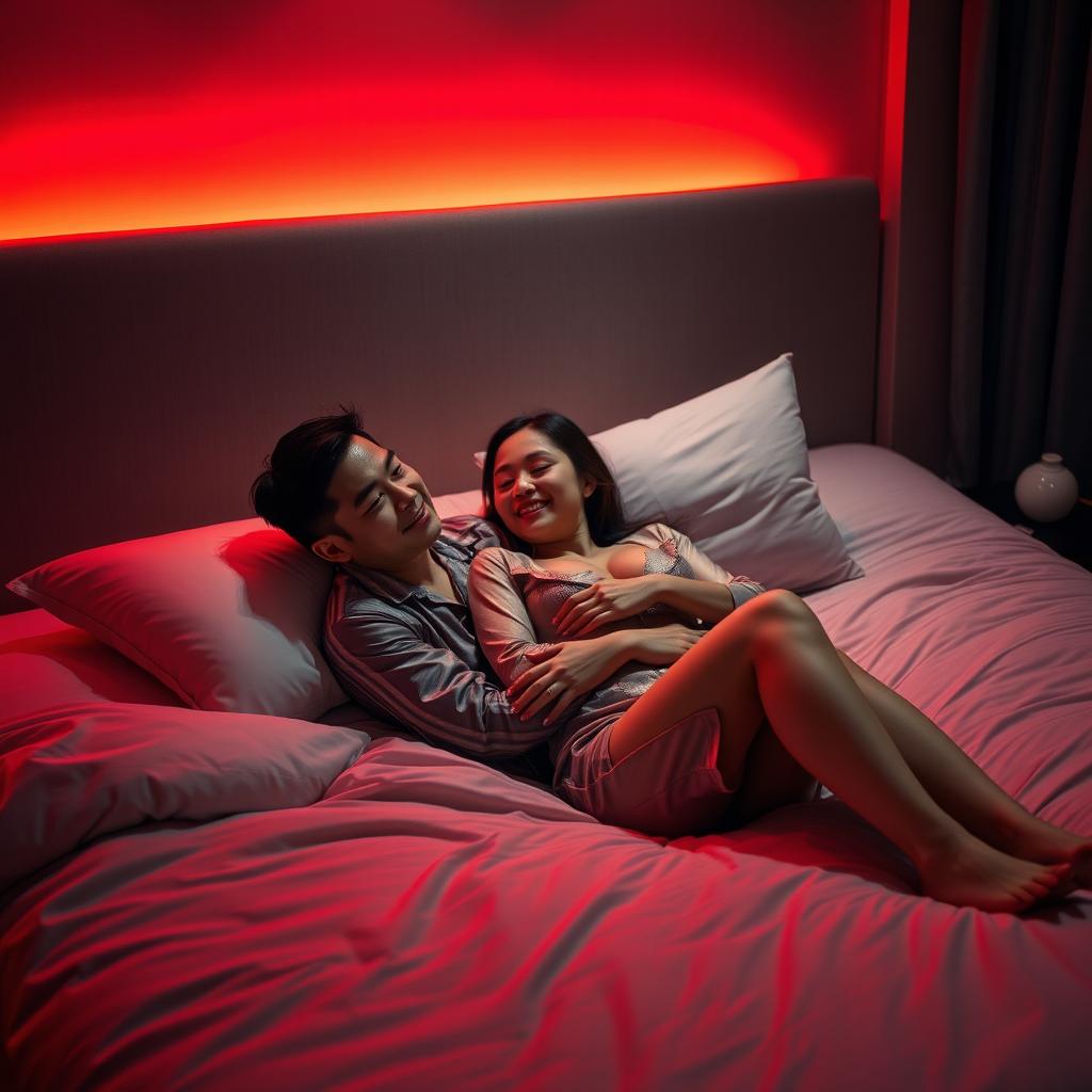 An intimate and cozy bedroom scene at night, illuminated by a soft red light