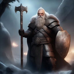 An image of a dwarven priest of Odin, clad in heavy armor, wielding a spear and shield