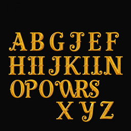 An elegant display of the English alphabet from A to Z designed in a stunning golden color