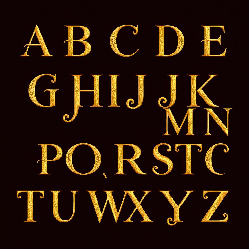 An elegant display of the English alphabet from A to Z designed in a stunning golden color