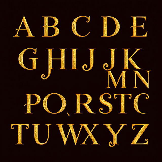 An elegant display of the English alphabet from A to Z designed in a stunning golden color