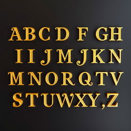 An elegant display of the English alphabet from A to Z designed in a stunning golden color