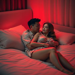 An intimate bedroom setting at night, bathed in a warm red light
