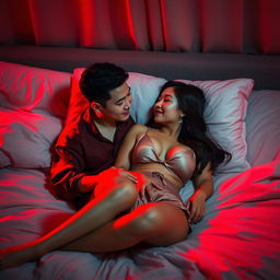 An intimate bedroom setting at night, bathed in a warm red light