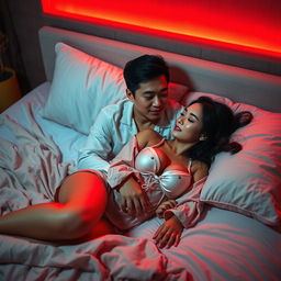 An intimate bedroom setting at night, bathed in a warm red light