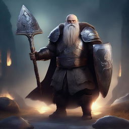 An image of a dwarven priest of Odin, clad in heavy armor, wielding a spear and shield