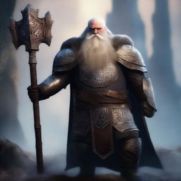 An image of a dwarven priest of Odin, clad in heavy armor, wielding a spear and shield