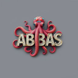 A complex three-dimensional design featuring the word 'ABBAS' intricately styled, surrounded by a vibrant octopus that appears to be protecting the word with its arms