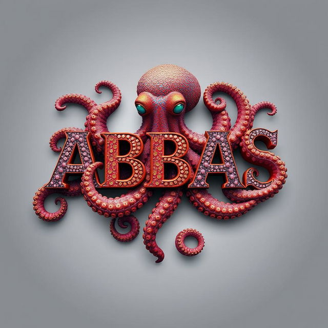 A complex three-dimensional design featuring the word 'ABBAS' intricately styled, surrounded by a vibrant octopus that appears to be protecting the word with its arms