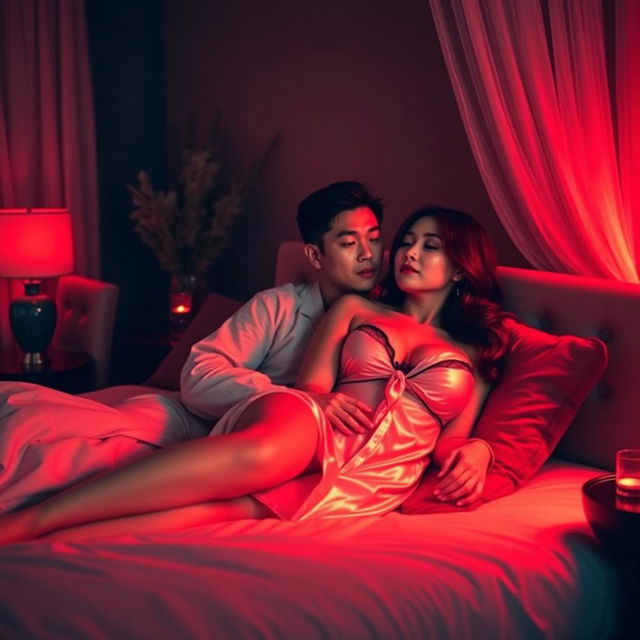 A romantic bedroom scene at night, illuminated by soft, ambient red light