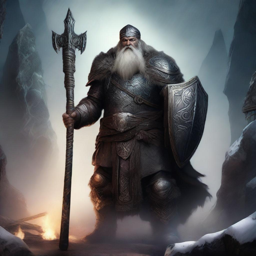 An image of a dwarven priest of Odin, clad in heavy armor, wielding a spear and shield