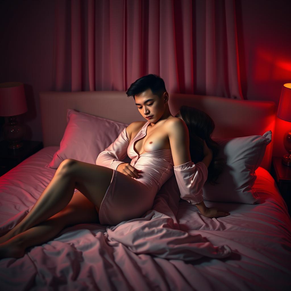 An intimate bedroom scene at night, bathed in soft red light