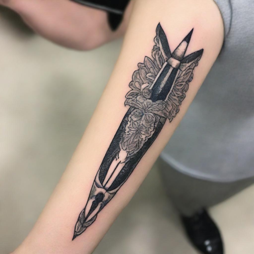 A striking tattoo design featuring a kunai, a traditional Japanese tool