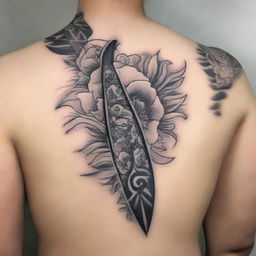 A striking tattoo design featuring a kunai, a traditional Japanese tool