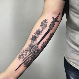 A striking tattoo design featuring a kunai, a traditional Japanese tool