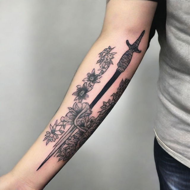 A striking tattoo design featuring a kunai, a traditional Japanese tool