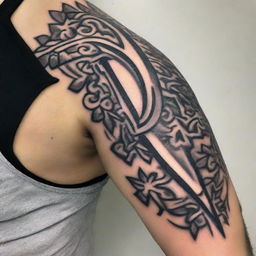 A striking tattoo design featuring a kunai, a traditional Japanese tool