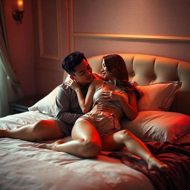 An intimate bedroom setup at night, softly illuminated by a warm red light