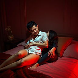 An intimate bedroom setup at night, softly illuminated by a warm red light