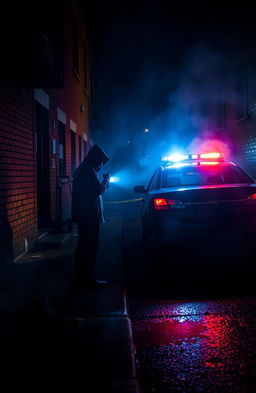 A captivating police mystery scene set in a dimly lit alleyway at night, with a mysterious figure cloaked in shadows, holding a flashlight