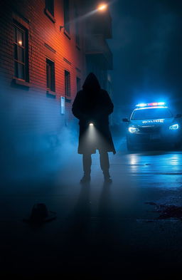 A captivating police mystery scene set in a dimly lit alleyway at night, with a mysterious figure cloaked in shadows, holding a flashlight