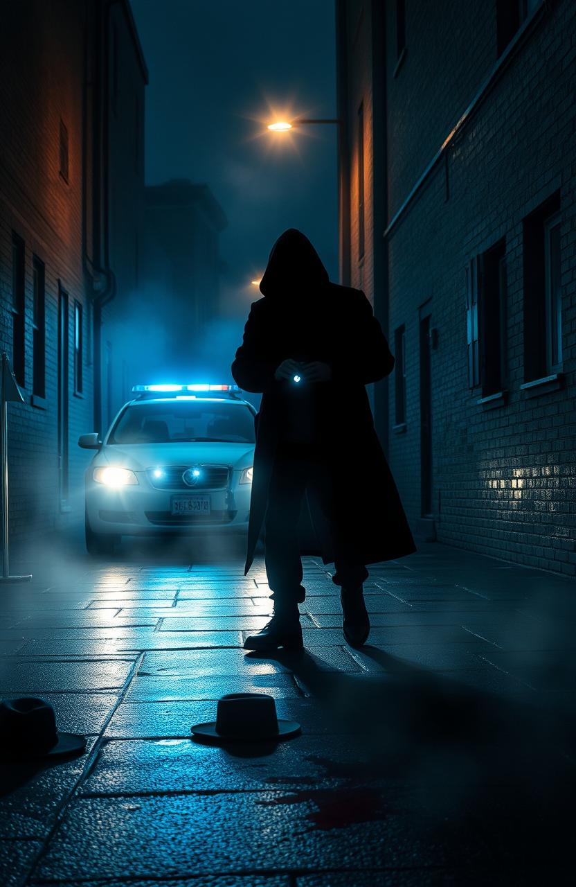 A captivating police mystery scene set in a dimly lit alleyway at night, with a mysterious figure cloaked in shadows, holding a flashlight